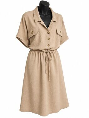 Beige Short-Sleeve Drawstring Shirt Dress